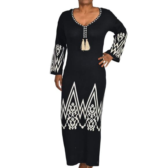 Aggel Caftan Sweater Dress Black Printed Maxi Long Tunic Side Slits Size Small - Picture 1 of 16